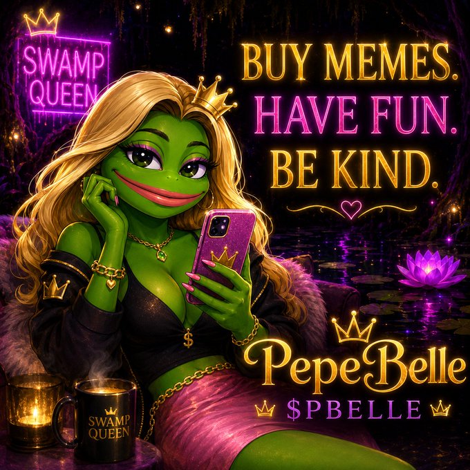 A vibrant digital artwork featuring a green-skinned female character with blonde hair and a crown, holding a smartphone. Text reads 'SWAMP QUEEN', 'BUY MEMES. HAVE FUN. BE KIND.', 'PepeBelle', and '$PBELLE'.