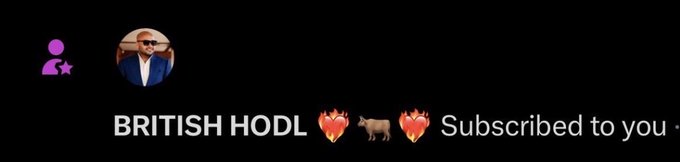 YouTube notification showing 'BRITISH HODL' with a profile avatar of a man in sunglasses, a heart, goat, and heart emoji, and the text 'Subscribed to you'.