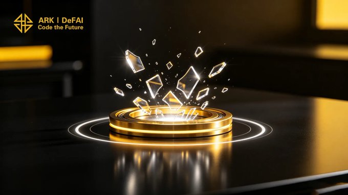 A digital promotional image for 'ARK | DeFAI - Code the Future' showing shattered glass fragments floating above a glowing golden circular platform.