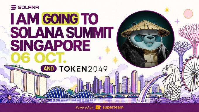 A promotional graphic announces 'I AM GOING TO SOLANA SUMMIT SINGAPORE 06 OCT. AND TOKEN2049' featuring a panda wearing a conical straw hat, with Singapore skyline landmarks and 'Powered by superteam' branding.