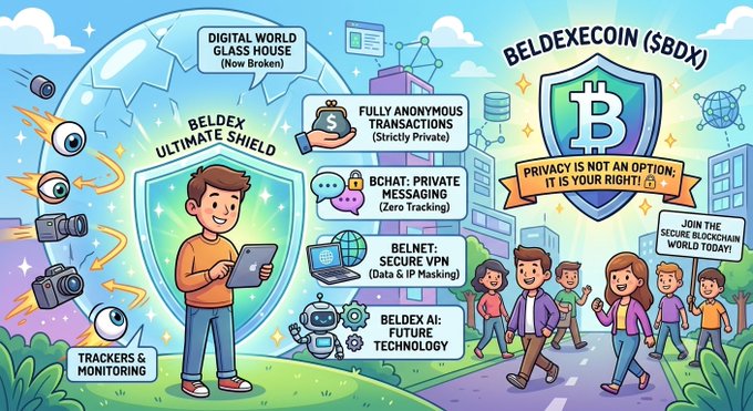 The cartoon-style image promotes BeldexCoin ($BDX), featuring a shield labeled "Beldex Ultimate Shield" that defends against surveillance eyes and cameras representing trackers and monitoring, while highlighting privacy features like fully anonymous transactions, BChat private messaging, BelNet secure VPN, and BelDex AI. On the right, a Bitcoin-style shield with the slogan "PRIVACY IS NOT AN OPTION: IT IS YOUR RIGHT!" stands alongside a diverse group of smiling users, visually reinforcing the post's message that BeldexCoin restores digital freedom and anonymity in an increasingly surveilled online world.