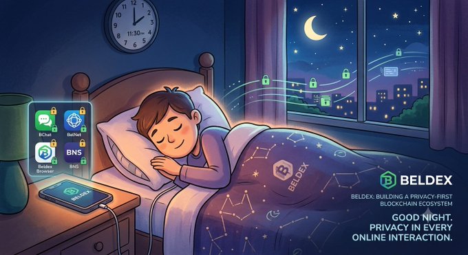 A promotional advertisement for Beldex featuring an illustration of a child sleeping peacefully while blockchain and privacy icons float around, with the tagline 'Good Night, Privacy In Every Online Interaction.'