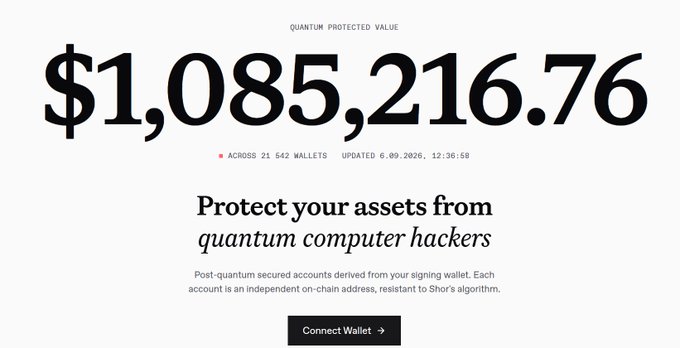 A website screenshot displaying "QUANTUM PROTECTED VALUE $1,085,216.76" across 21,542 wallets, with text reading "Protect your assets from quantum computer hackers" and a "Connect Wallet" button.