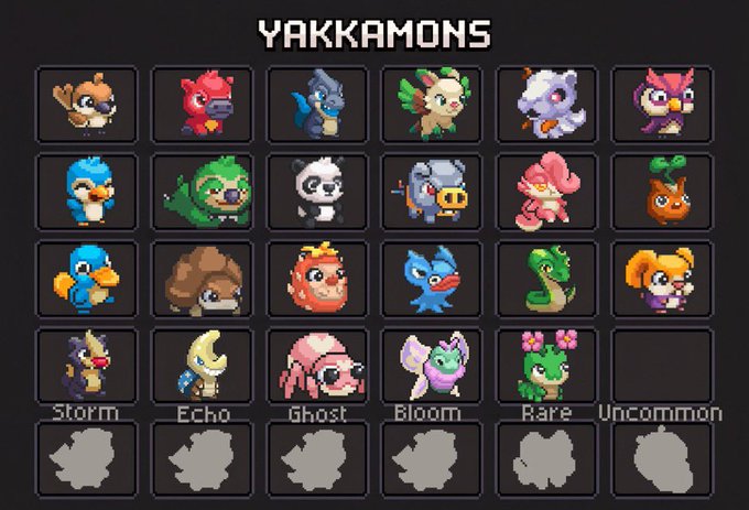 A digital sprite sheet titled 'YAKKAMONS' displays a grid of pixel art characters including animals and mythical creatures, with rarity labels like 'Storm,' 'Echo,' 'Ghost,' 'Bloom,' 'Rare,' and 'Uncommon' along the bottom row.