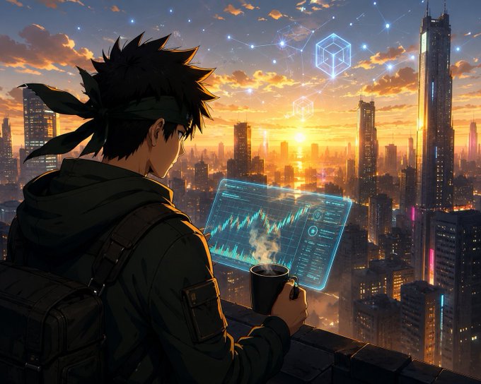 An anime-style character with a bandana and backpack stands on a rooftop overlooking a city skyline at sunset, holding a steaming mug while viewing a holographic cryptocurrency trading chart, with floating geometric tokens and constellation-like networks glowing in the sky—evoking the "GM CT" (good morning crypto Twitter) sentiment of a new dawn in the markets.