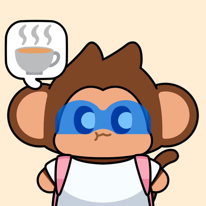 A cartoon monkey character wearing a blue superhero mask and pink backpack thinks about a steaming cup of coffee in a thought bubble.