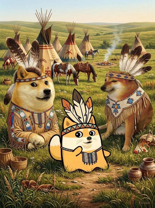 A whimsical digital illustration featuring three Shiba Inu dogs dressed in Native American attire with feathered headdresses, set against a backdrop of tipis and horses on a grassy plain.
