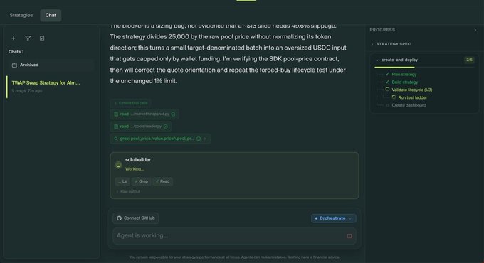 A dark-themed AI coding interface showing a TWAP Swap Strategy chat session, with visible text discussing pool slippage and price deviations, an 'sdk-builder' working panel, and a progress checklist on the right side.