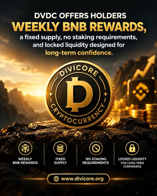 An advertisement for 'DIVICORE' cryptocurrency featuring a gold coin logo, promoting weekly BNB rewards, fixed supply, no staking requirements, and locked liquidity, with the website www.divicore.org.
