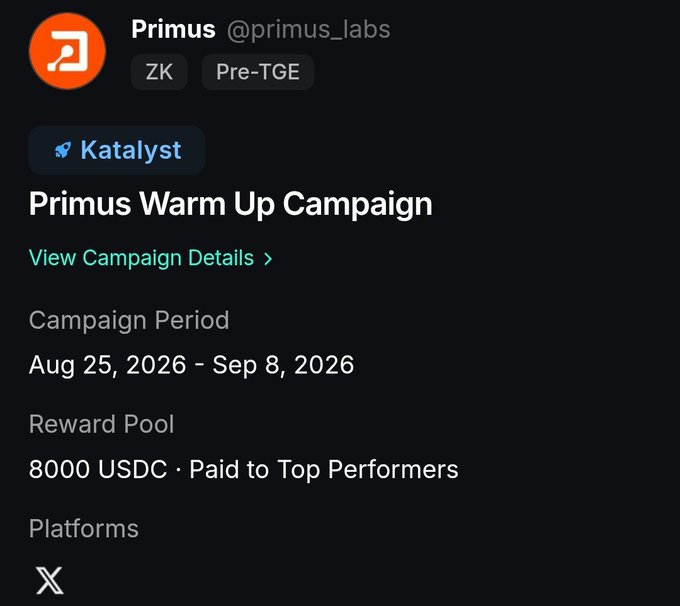 A promotional graphic for "Primus" (@primus_labs) displays details for a "Primus Warm Up Campaign" on the Katalyst platform, running from Aug 25, 2026 - Sep 8, 2026, with an 8000 USDC reward pool paid to top performers on the X platform.