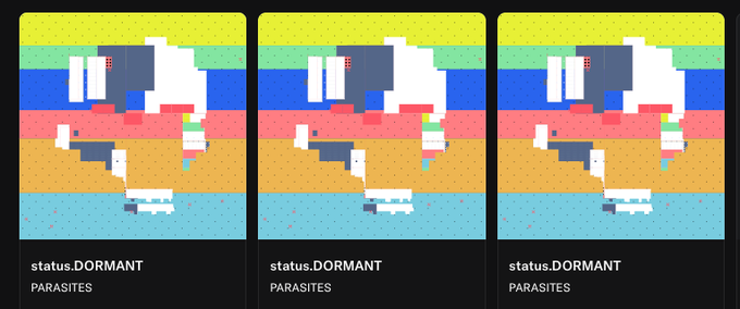 Three identical pixel-art panels labeled 'status.DORMANT' and 'PARASITES' showing an abstract map with yellow, blue, red, orange, and teal bands.