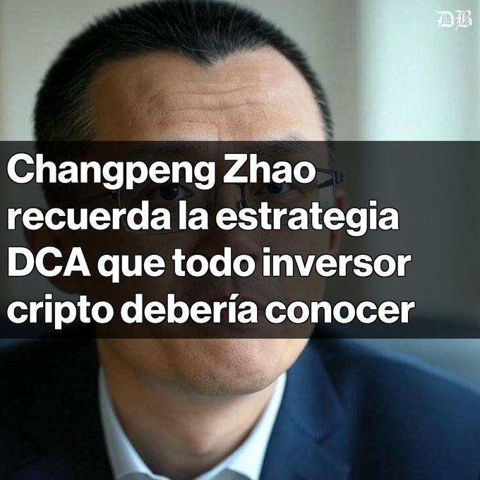 A man wearing glasses is shown with Spanish text overlay reading 'Changpeng Zhao recuerda la estrategia DCA que todo inversor cripto debería conocer.'