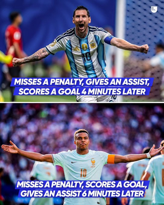 A comparison meme featuring soccer player Messi in Argentina's jersey on top with text 'MISSES A PENALTY, GIVES AN ASSIST, SCORES A GOAL 4 MINUTES LATER', contrasted with another player below in a white jersey with text 'MISSES A PENALTY, SCORES A GOAL, GIVES AN ASSIST 6 MINUTES LATER'.