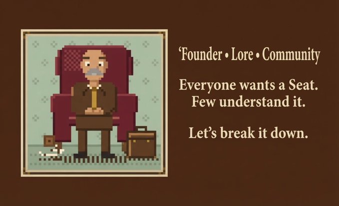 A pixel art illustration of a gray-haired man in a suit sitting in a burgundy armchair with a cat and briefcase beside him, accompanied by the text: 'Founder • Lore • Community, Everyone wants a Seat. Few understand it. Let's break it down.'