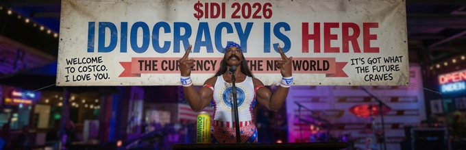 A man in an American flag outfit speaks into a microphone in front of a banner reading "$IDI 2026 IDIOCRACY IS HERE" with text mentioning "WELCOME TO COSTCO" and "IT'S GOT WHAT THE FUTURE CRAVES."