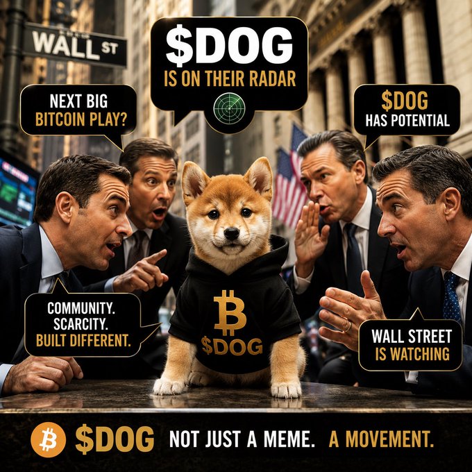 A promotional image for a cryptocurrency called '$DOG' featuring a Shiba Inu dog in a hoodie surrounded by shocked businessmen, with text like '$DOG IS ON THEIR RADAR' and 'WALL STREET IS WATCHING'.