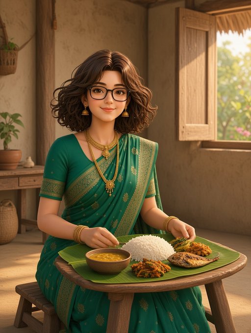 A 3D-rendered illustration of a woman with glasses wearing a green saree and gold jewelry, sitting at a wooden table with a banana leaf holding rice and various curries in a rustic room.