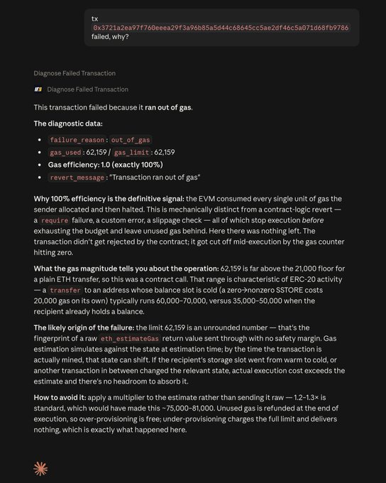 The image displays an AI-powered blockchain analysis interface showing an anime-style female character overlay on a transaction details page. The visible text includes transaction ID "7393e408 37939861550..." dated "2026-08-19," status indicators showing the transaction "Confirmed," a gas price of "6," priority fee of "5," and a transaction hash, demonstrating how the InfStones Blockchain Intelligence tool explains transaction failures with actionable diagnostic insights beyond standard block explorer data.