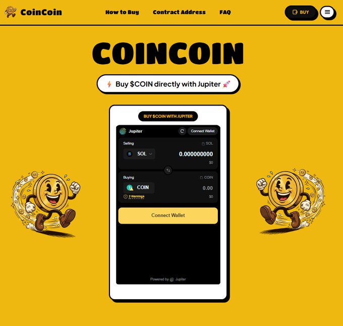 A bright yellow webpage for a cryptocurrency called 'COINCOIN', featuring a Jupiter wallet interface for buying $COIN with SOL, and cartoon running coins on the sides.