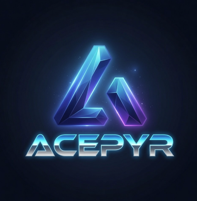 The image features a logo for a company named Acepyr. The logo consists of two blue triangles connected by a line, with the word "Acepyr" written below them. The background of the logo is black, which makes the blue elements stand out and appear more vibrant. The text "Acepyr" is positioned at the bottom right corner of the image.