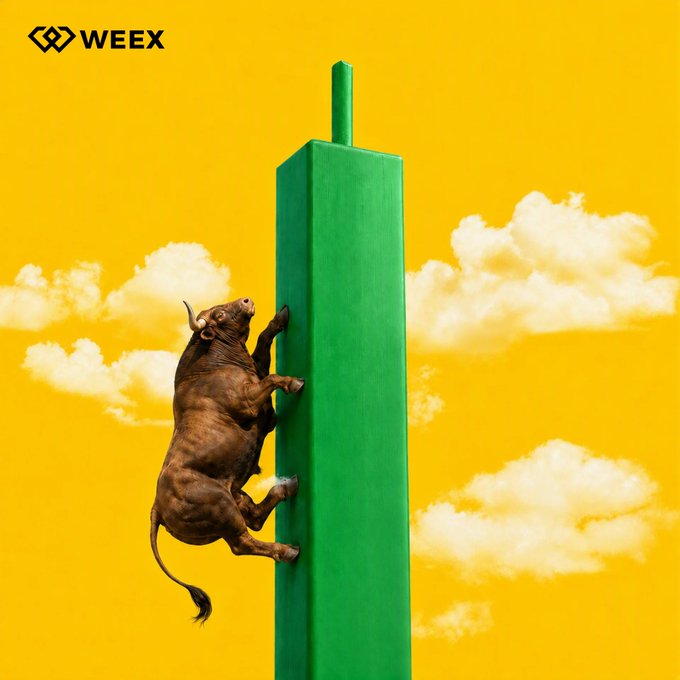 A bull climbs a rising green candlestick against a yellow sky, visually echoing the "Bullish on WEEX" message—reflecting upward market momentum and the crypto exchange's brand identity.