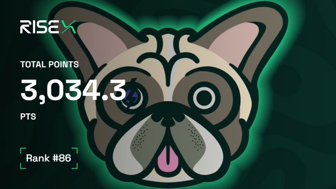 A dashboard graphic for RISE showing a French Bulldog mascot with 'TOTAL POINTS 3,034.3 PTS' and 'Rank #86' displayed alongside the glowing cartoon dog face.
