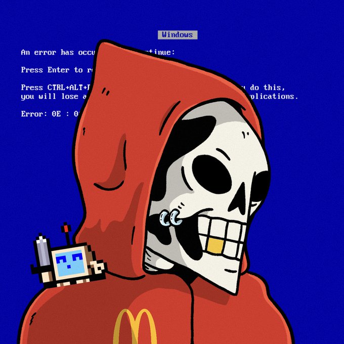 An illustration of a hooded skull character with a gold tooth, accompanied by a small pixelated robot, set against a blue Windows blue screen of death error message.