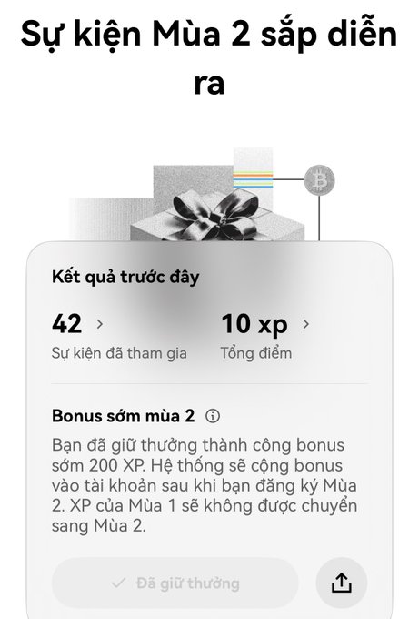 A Vietnamese-language mobile screen announcing an upcoming Season 2 event, showing previous results of 42 events participated in and 10 XP earned, with a notice about a 200 XP early bird bonus.