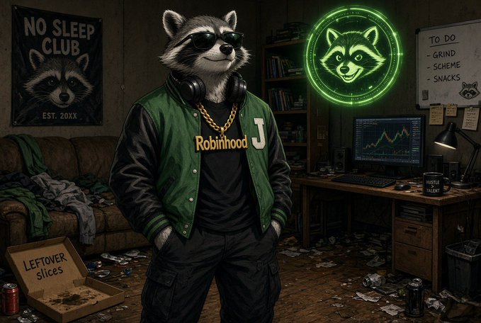 A digital illustration of an anthropomorphic raccoon wearing sunglasses, a gold chain, and a green 'J' letterman jacket with 'Robinhood' on the shirt, standing in a messy room with a 'NO SLEEP CLUB EST. 20XX' poster and a neon raccoon sign.