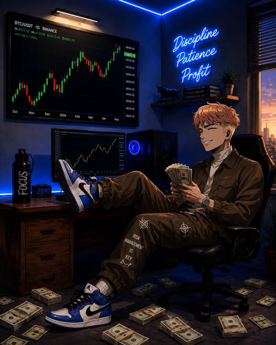 An anime-style illustration depicts a smiling young man sitting in a gaming chair, holding stacks of cash, with a large monitor showing a candlestick chart labeled "BTCUSDT 1D BINANCE." A neon sign on the wall reads "Discipline Patience Profit," and cash is scattered on the floor around him.