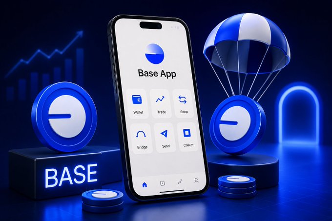 A 3D rendered promotional image showing a smartphone displaying the 'Base App' interface with features like Wallet, Trade, Swap, Bridge, Send, and Collect, surrounded by blue Base logo coins.