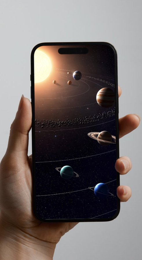 A hand holding a smartphone that displays a vibrant digital illustration of the solar system, featuring the sun, planets, and asteroids against a starry background.