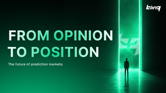 The image is a promotional banner for Linq (logo visible in the top right) featuring the headline "FROM OPINION TO POSITION" with the tagline "The future of prediction markets." It shows a silhouetted figure standing before a glowing green doorway emblazoned with Linq's logo, visually symbolizing the transition from passive opinions to active, tradable market positions referenced in the post.