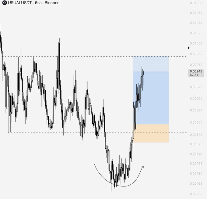 A candlestick chart of USUALUSDT on Binance (6sa timeframe) shows price action with a curved arrow indicating a recovery from a low near 0.00765, with current price at 0.00948 and shaded zones marking resistance and support areas.