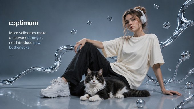 An advertisement for 'optimum' showing a woman with headphones sitting next to a cat, with text stating 'More validators make a network stronger, not introduce new bottlenecks.'