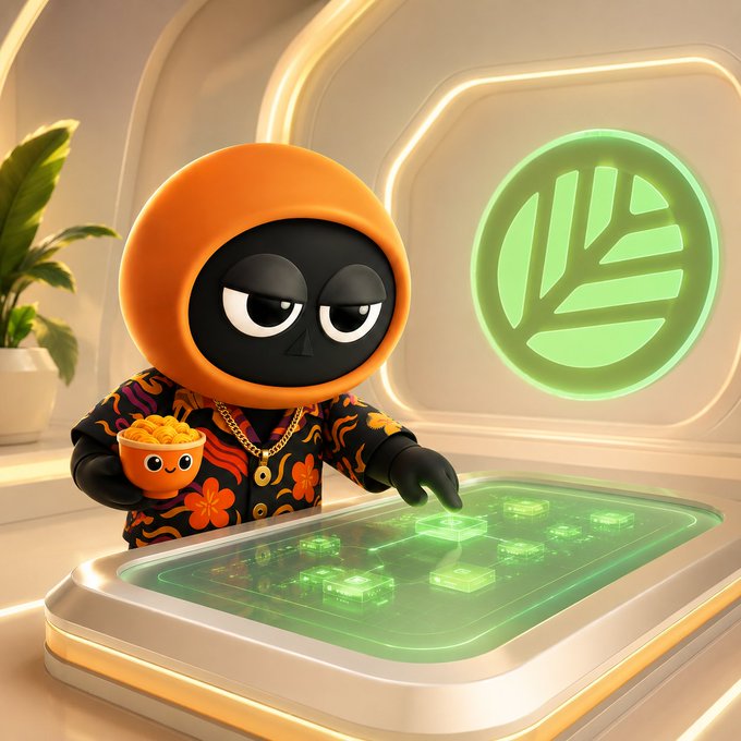 3D-rendered cartoon character with an orange hooded face, wearing a floral shirt and gold chain, holding a bowl of popcorn next to a glowing green interface and circular logo.