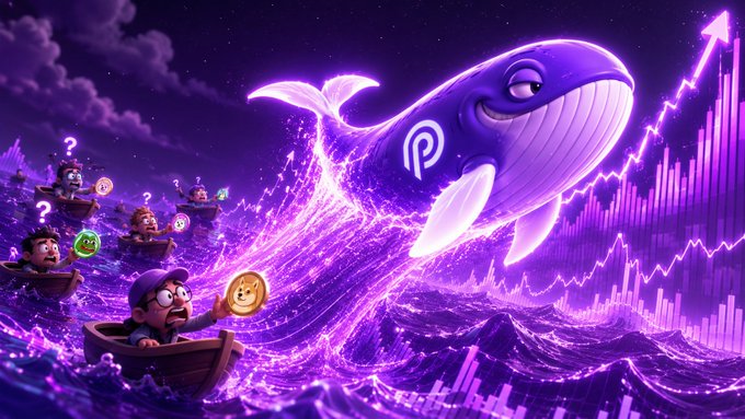 In the image, a group of cartoon characters are in a boat on the water surrounded by purple energy waves. Among them, there is a whale that appears to be trying to attack one of the characters holding a coin in his hand. The other characters seem intrigued or concerned about what's happening. This scene also includes some logos and icons related to cryptocurrency and finance, such as "CT: Where is the revenue?" and "PYTH: Dogs".
