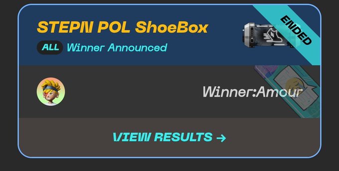 An announcement screen for the 'STEPN POL ShoeBox' raffle indicating 'Winner Announced' to a user named 'Amour', with an 'ENDED' banner.