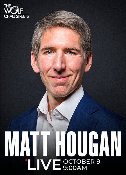 Promotional poster for "The Wolf of All Streets" podcast featuring Matt Hougan, with text announcing a live episode on October 9 at 9:00 AM to discuss Bitcoin being on sale and Wall Street's next altcoin picks, matching the post's teaser about a live YouTube discussion.