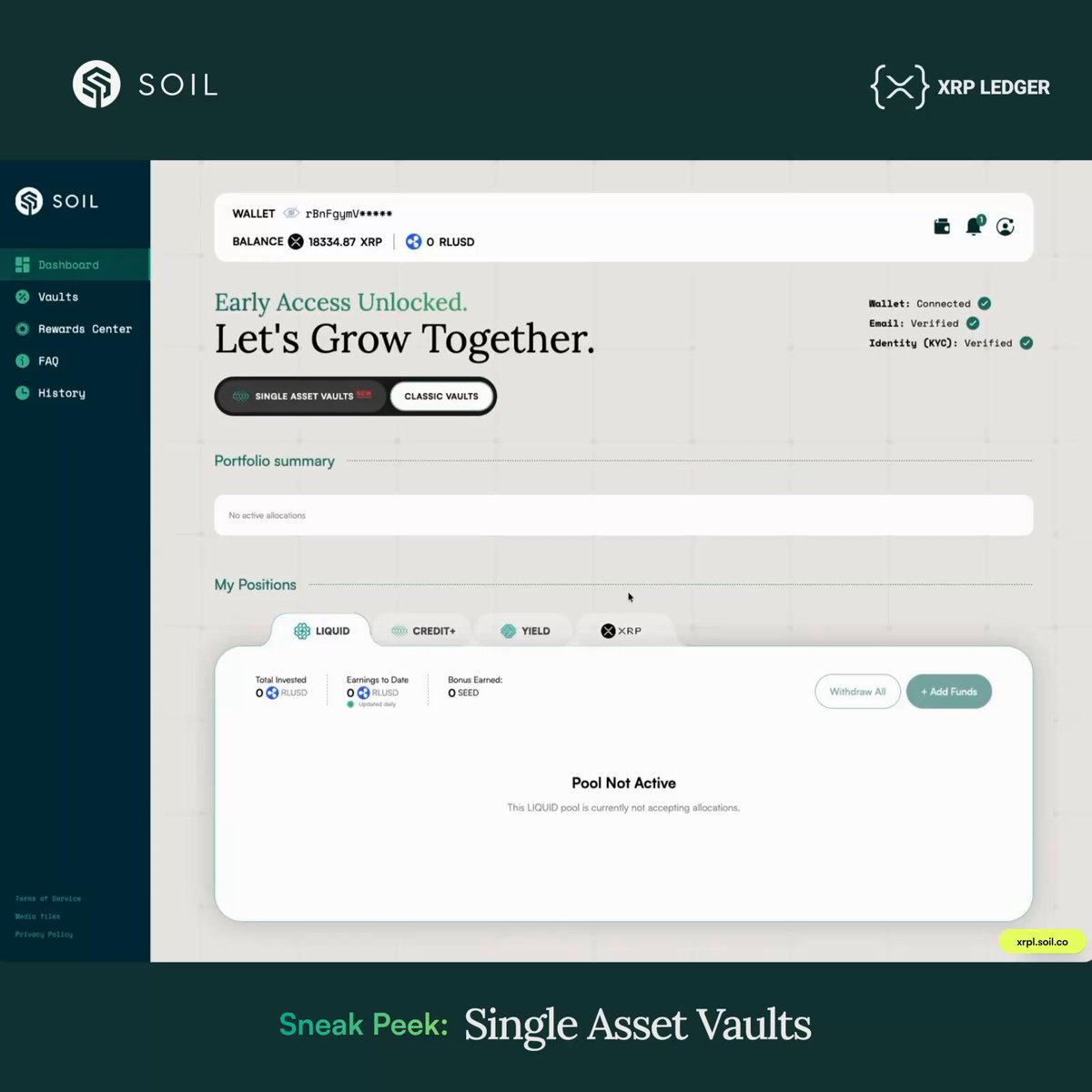 The image shows a screenshot of a computer screen with an interface designed by Soil Farm, focusing on a single asset vault application called Single AssetVaults. The title of the application reveals that it offers early access to single asset vaults for investment purposes. The application has been built in XLS-65 and XLS-66 formats, making them compatible with both Microsoft Office 2010 and Office 2013 versions (Xcel). Additionally, there is an option to print a summary of the application details as a screenshot, which can be found on the lower right corner of the screen.
