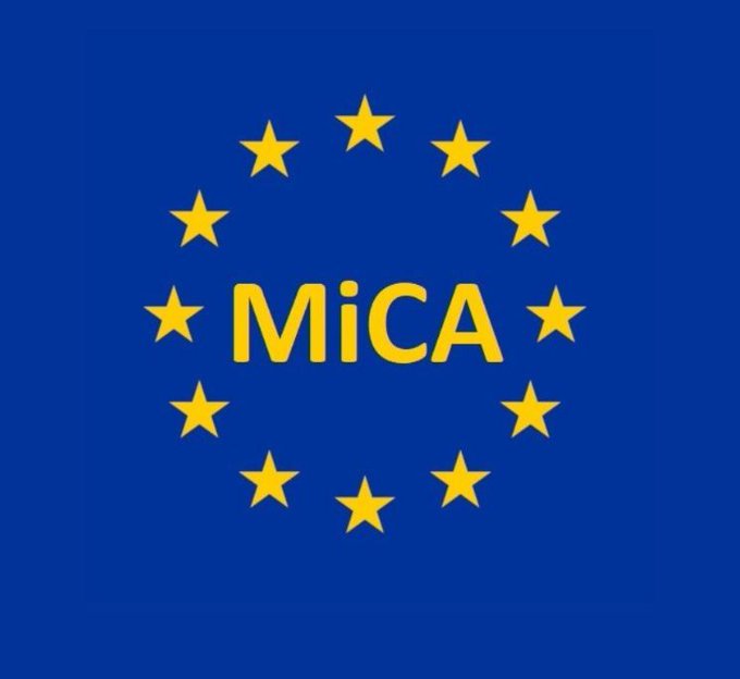 A blue flag-style graphic with yellow stars arranged in a circle around the text 'MiCA', referencing the EU's Markets in Crypto-Assets regulation.