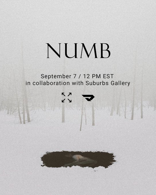 An event poster titled 'NUMB' announces a collaboration with Suburbs Gallery for September 7 at 12 PM EST, set against a wintry background with a dark pool in the foreground.