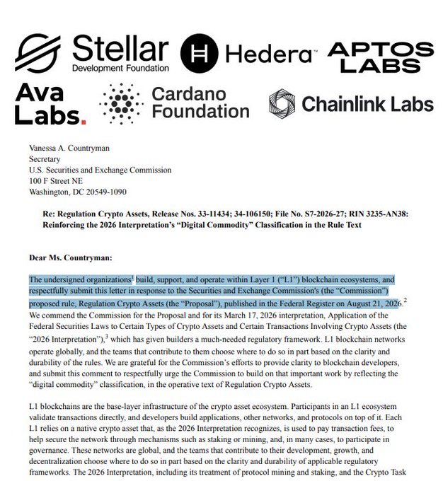 A letter to the SEC from crypto organizations including Stellar Development Foundation, Hedera, Aptos Labs, Ava Labs, Cardano Foundation, and Chainlink Labs discusses proposed “Regulation Crypto Assets” and Layer 1 blockchains.
