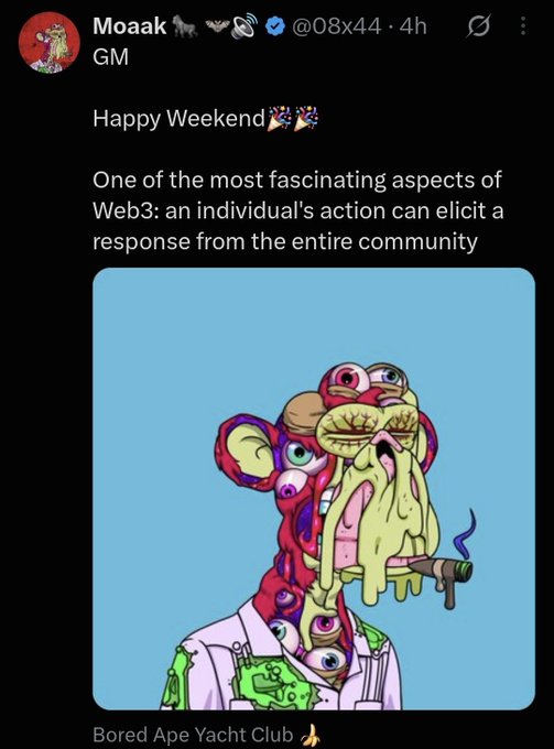 A social media post by user @08x44 features the text 'GM', 'Happy Weekend', and a comment about Web3 community response, with a Bored Ape Yacht Club NFT image showing a mutated ape smoking.