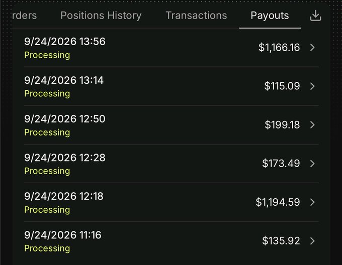 A screenshot of a Payouts tab showing multiple transactions dated 9/24/2026, all marked as 'Processing,' with amounts ranging from $115.09 to $1,194.59.