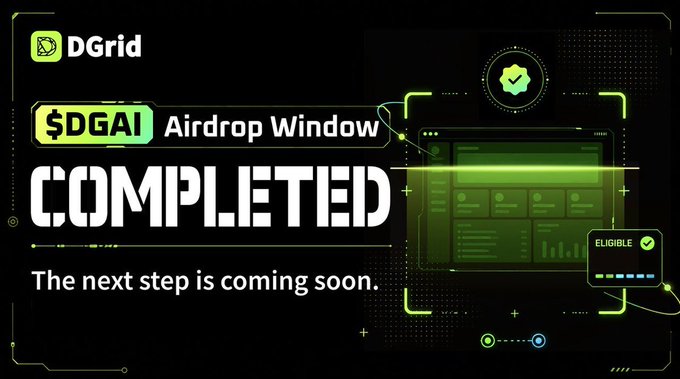 A promotional graphic for DGrid announcing that the "$DGAI Airdrop Window" has been "COMPLETED," with text stating "The next step is coming soon," alongside a stylized illustration of an "ELIGIBLE" interface, visually reinforcing the closure of the airdrop claim portal.
