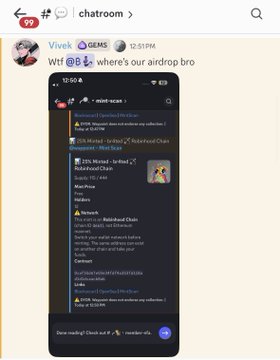 The image shows a screenshot of a Discord chatroom where user "Vivek" posts at 12:51 PM a warning message containing the text "WTF @B** where's our airdrop bro" alongside a screenshot of a fake NFT collection. The screenshot displays what appears to be a scam OpenSea page advertising a "Robinhood Chain" NFT collection with a $25 mint price, directly supporting Vivek's scam alert about fraudulent NFT collections falsely using his name.