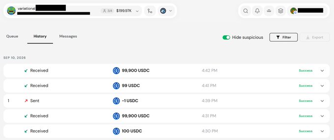 Screenshot of a cryptocurrency transaction history interface dated Sep 10, 2026, showing multiple 'Received' USDC transactions in varying amounts (99,900, 99, 100, 99,900) with 'Success' status.