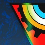 Abstract digital artwork featuring colorful geometric shapes, a gear, and wavy patterns in red, yellow, green, and blue tones.