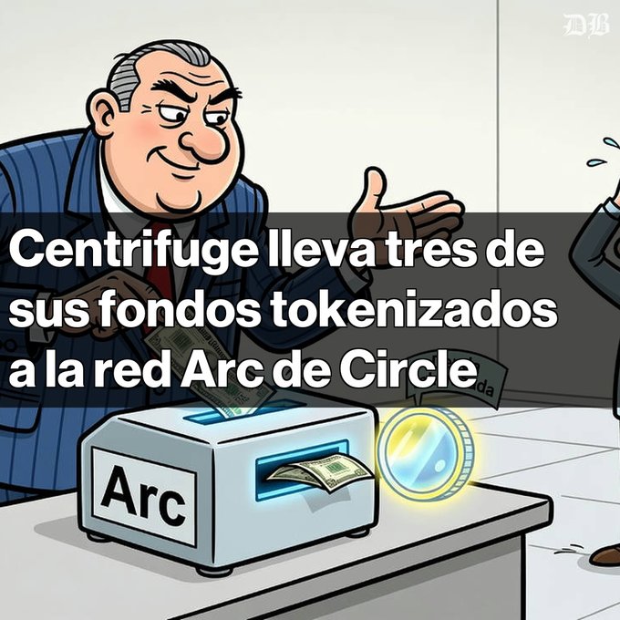 A cartoon image showing a man in a suit handing cash into an "Arc" labeled machine that produces a glowing coin, with Spanish text overlay reading "Centrifuge lleva tres de sus fondos tokenizados a la red Arc de Circle".